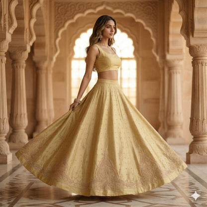 Sanskriti Vintage Cream Art Silk Unstitched Lehenga Hand Embroidery Zardozi Bead