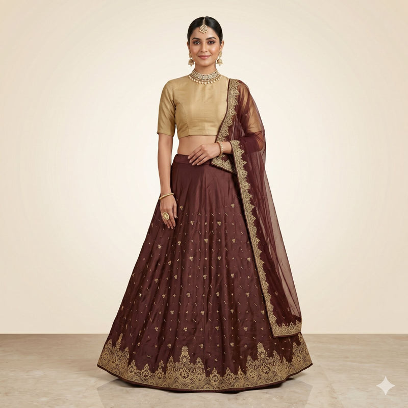 Sanskriti Vintage Maroon Art Silk Unstitched Lehenga Hand Embroidered Zardozi