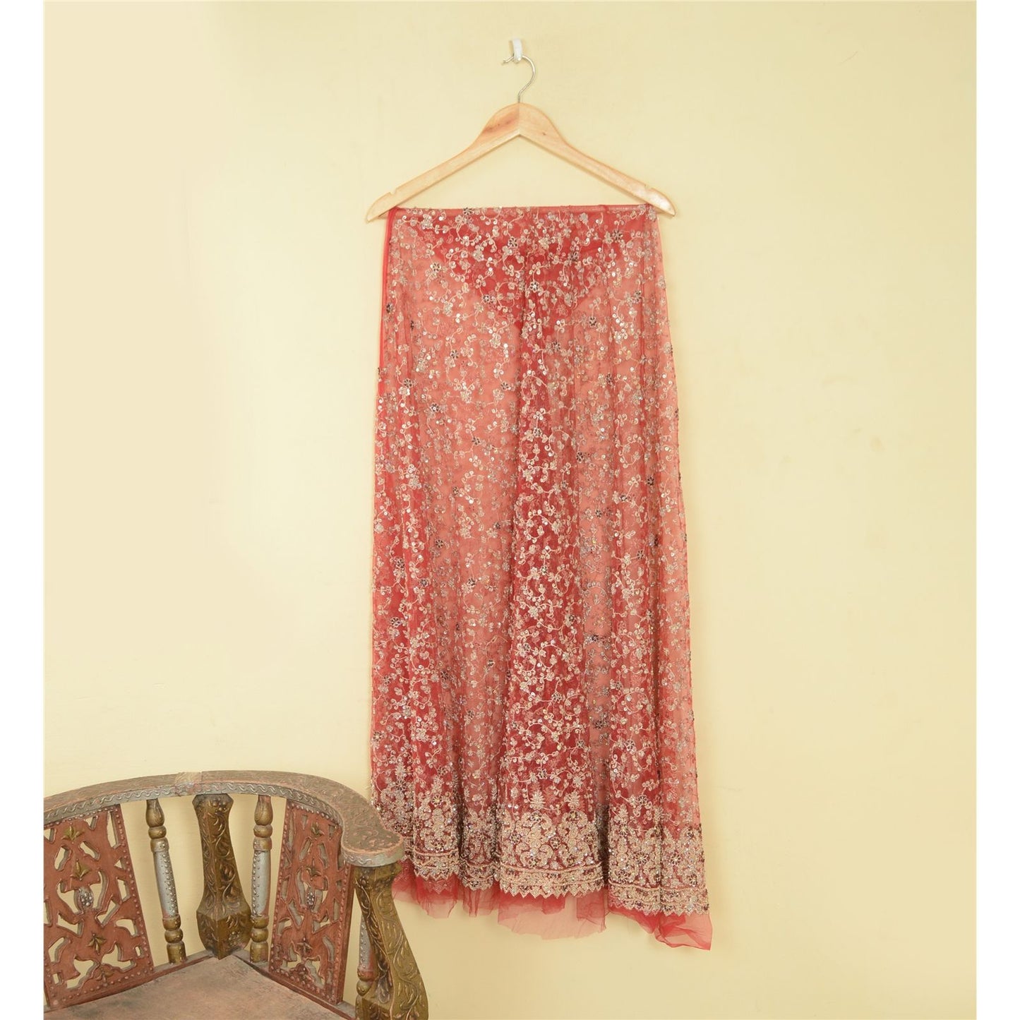 Sanskriti Vintage Red Net Unstitched Lehenga Hand Embroidered Zardozi Zari Dabka