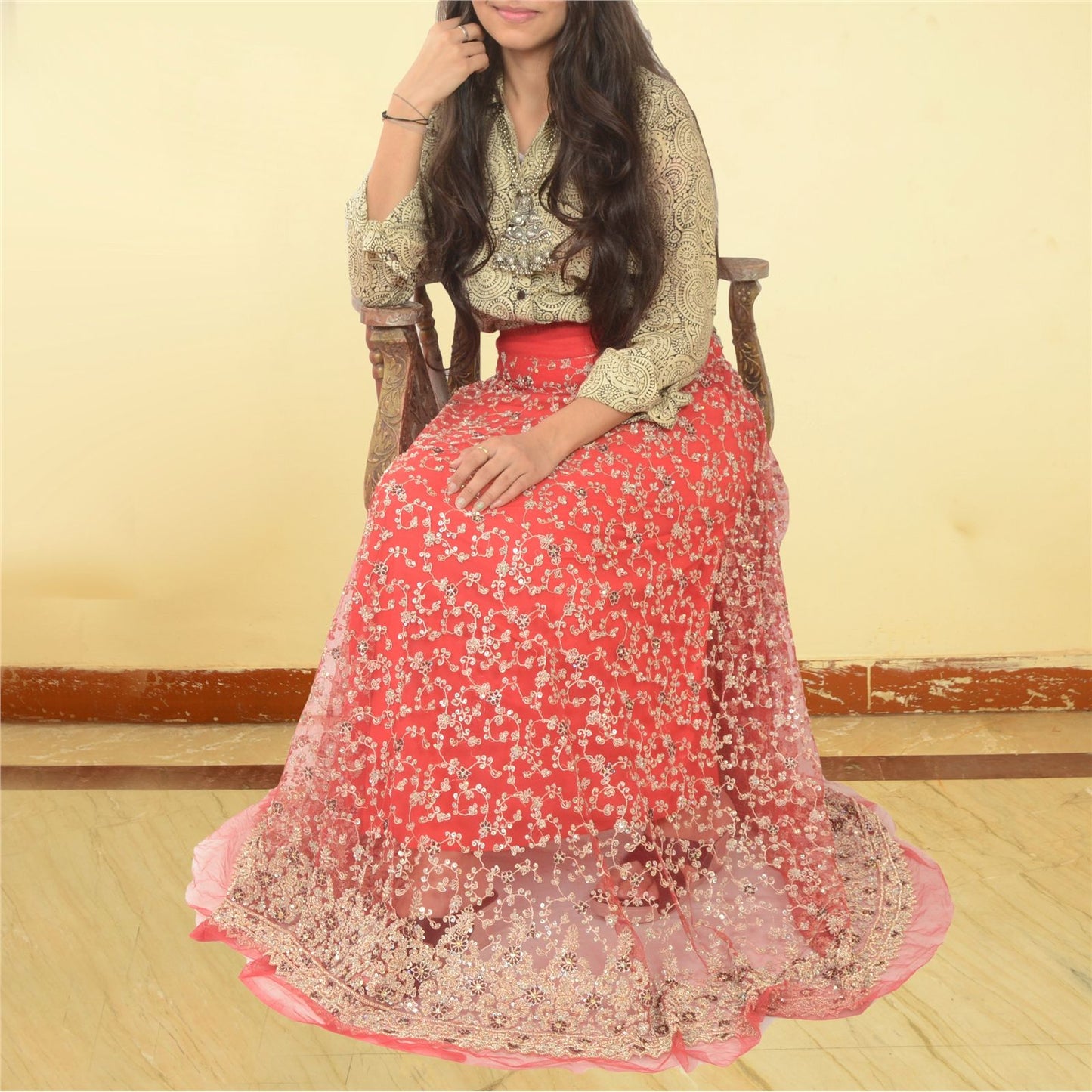 Sanskriti Vintage Red Net Unstitched Lehenga Hand Embroidered Zardozi Zari Dabka