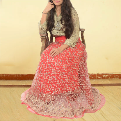 Sanskriti Vintage Red Net Unstitched Lehenga Hand Embroidered Zardozi Zari Dabka