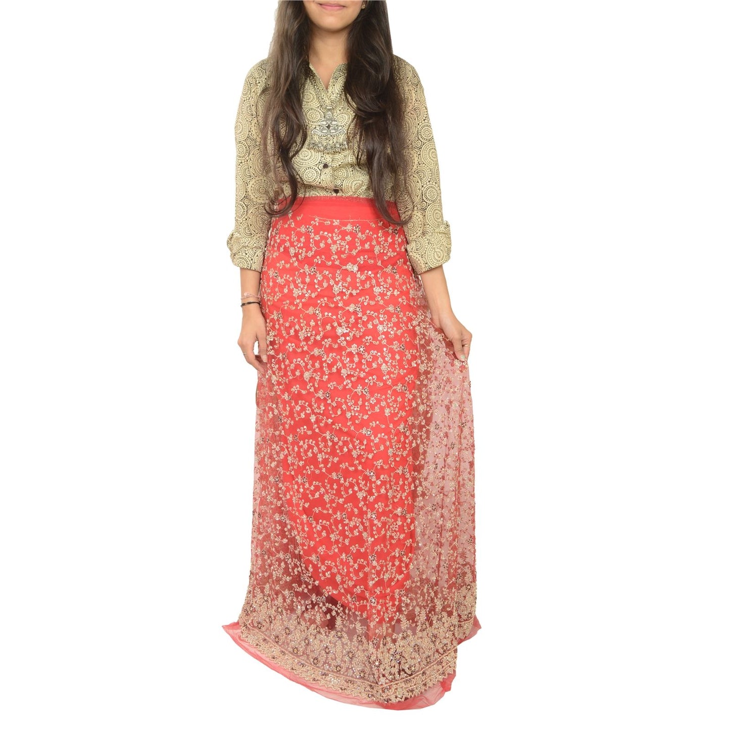 Sanskriti Vintage Red Net Unstitched Lehenga Hand Embroidered Zardozi Zari Dabka