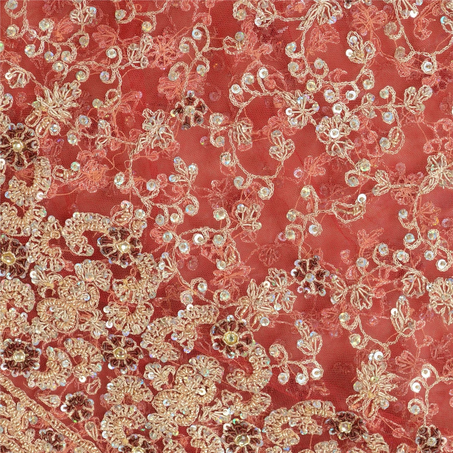 Sanskriti Vintage Red Net Unstitched Lehenga Hand Embroidered Zardozi Zari Dabka