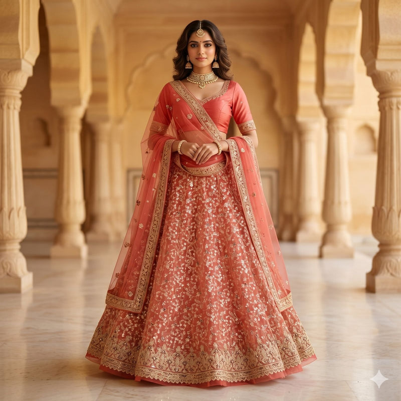 Sanskriti Vintage Red Net Unstitched Lehenga Hand Embroidered Zardozi Zari Dabka