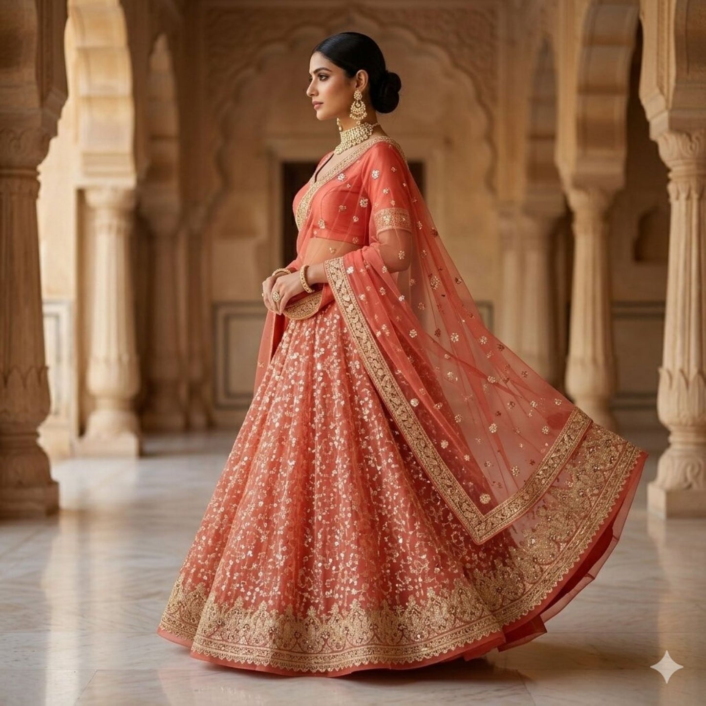 Sanskriti Vintage Red Net Unstitched Lehenga Hand Embroidered Zardozi Zari Dabka