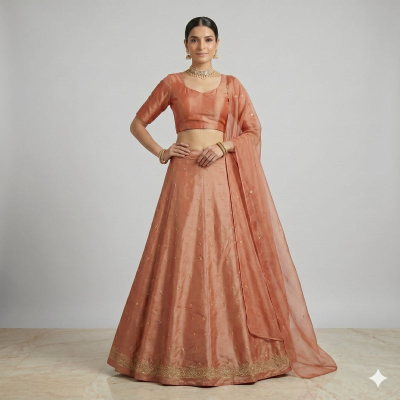 Sanskriti Vintage Peach Pure Silk Unstitched Lehenga Hand Embroidered Zardozi