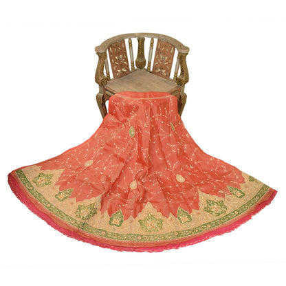 Sanskriti Vintage Red Pure Silk Unstitched Lehenga Hand Embroidered Zardozi Zari