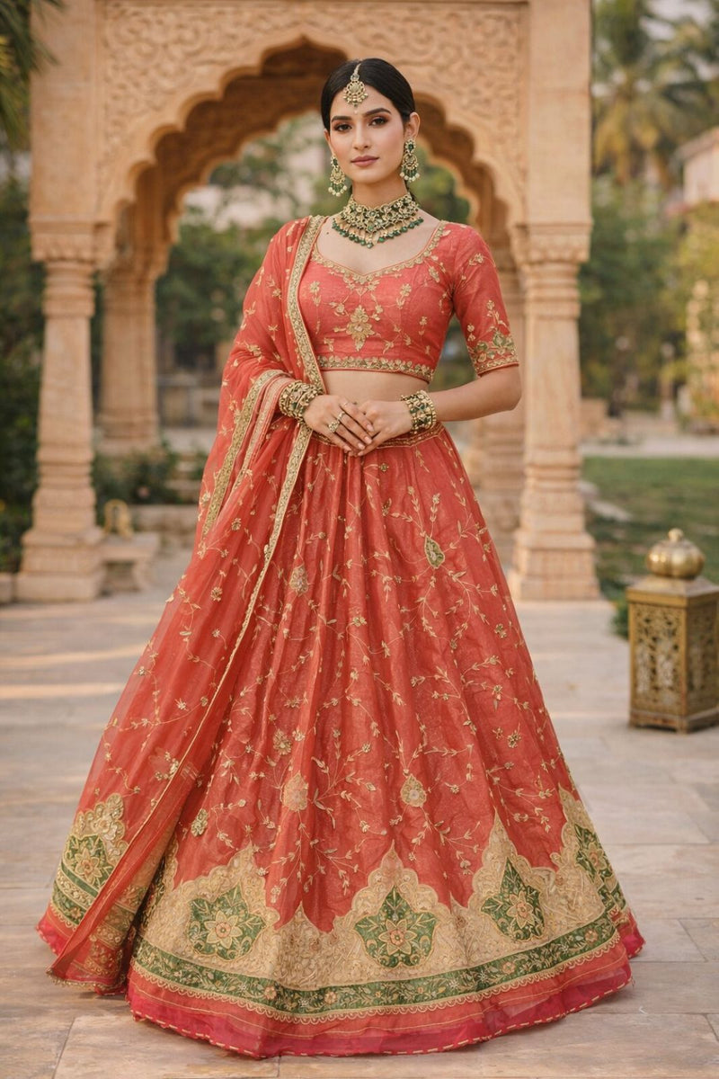 Sanskriti Vintage Red Pure Silk Unstitched Lehenga Hand Embroidered Zardozi Zari