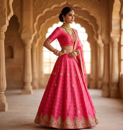 Sanskriti Vintage Pink Artificial Silk Unstitch Lehenga Hand Embroidered Zardozi