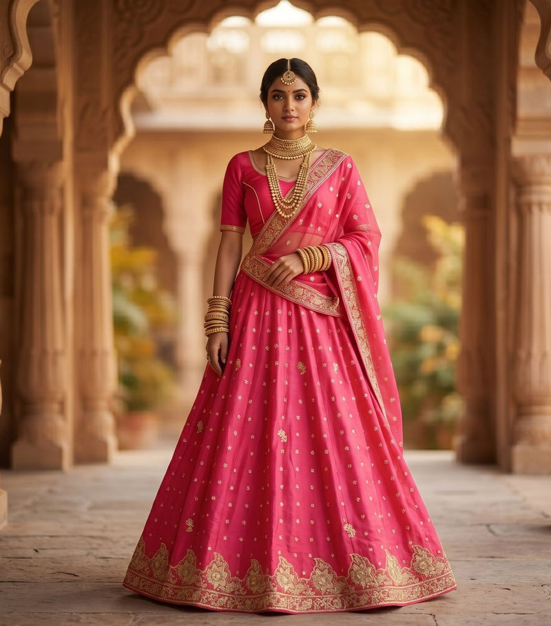 Sanskriti Vintage Pink Artificial Silk Unstitch Lehenga Hand Embroidered Zardozi