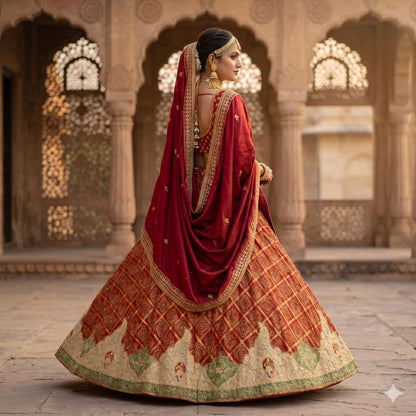 Sanskriti Vintage Red Pure Silk Stitch Lehenga HandEmbroidery Bandhani Gharchola