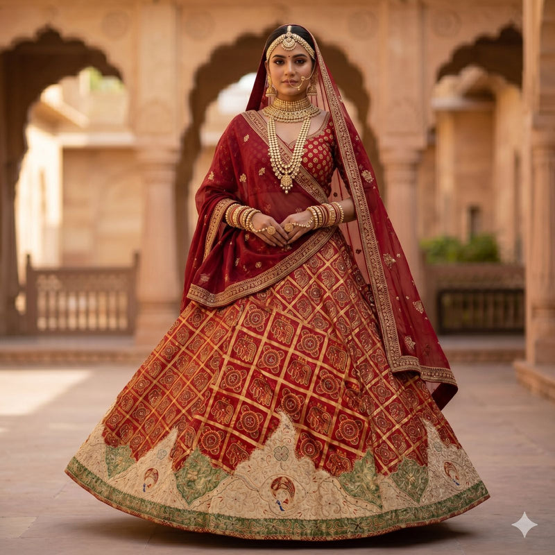 Sanskriti Vintage Red Pure Silk Stitch Lehenga HandEmbroidery Bandhani Gharchola