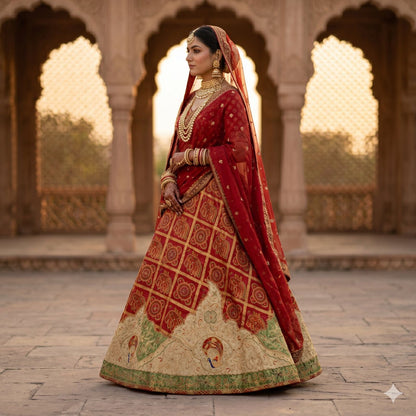 Sanskriti Vintage Red Pure Silk Stitch Lehenga HandEmbroidery Bandhani Gharchola