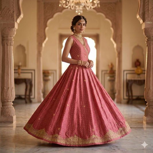 Sanskriti Vintage Pink Artificial Silk Unstitch Lehenga Hand Embroidered Zardozi
