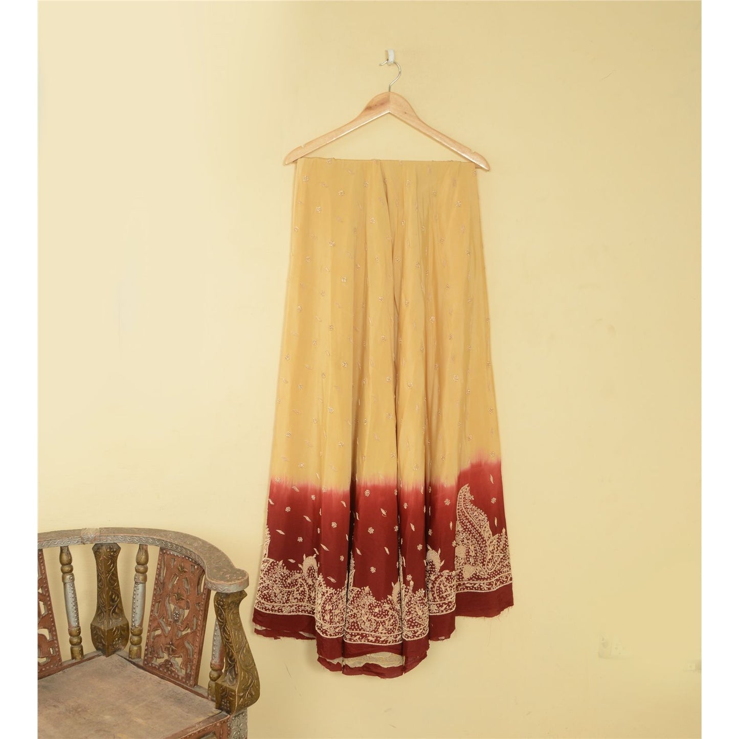 Sanskriti Vintage Beige-Red Art Silk Unstitched Lehenga Hand Embroidered Zardozi