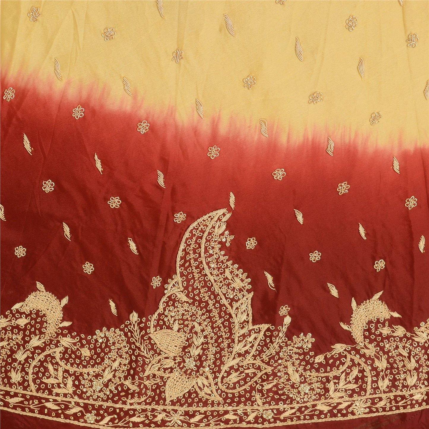 Sanskriti Vintage Beige-Red Art Silk Unstitched Lehenga Hand Embroidered Zardozi