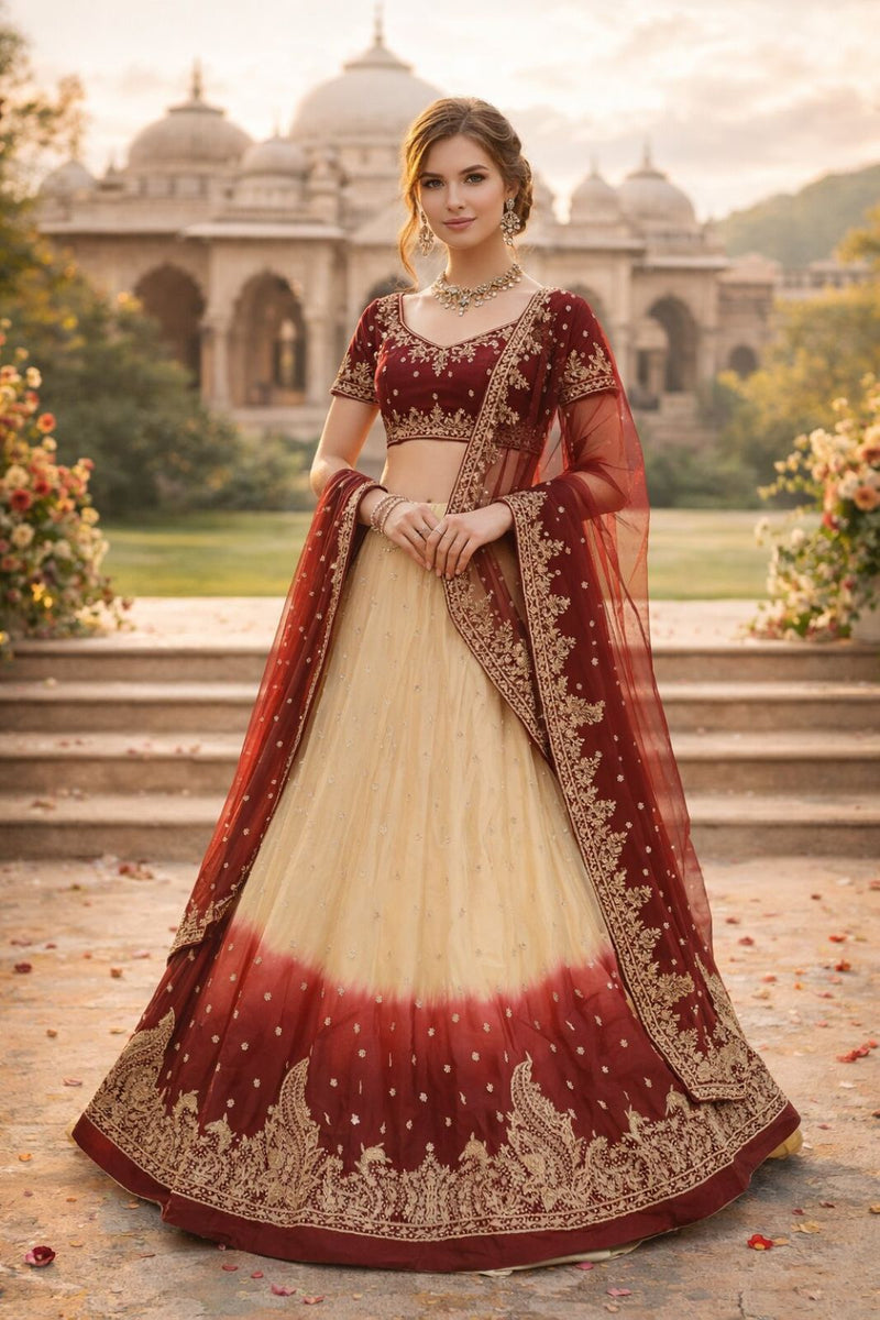 Sanskriti Vintage Beige-Red Art Silk Unstitched Lehenga Hand Embroidered Zardozi