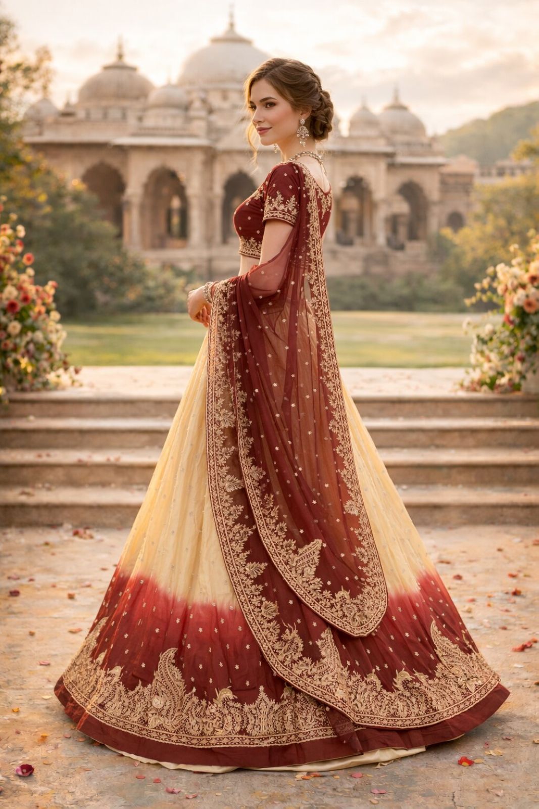 Sanskriti Vintage Beige-Red Art Silk Unstitched Lehenga Hand Embroidered Zardozi