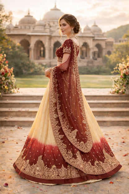 Sanskriti Vintage Beige-Red Art Silk Unstitched Lehenga Hand Embroidered Zardozi
