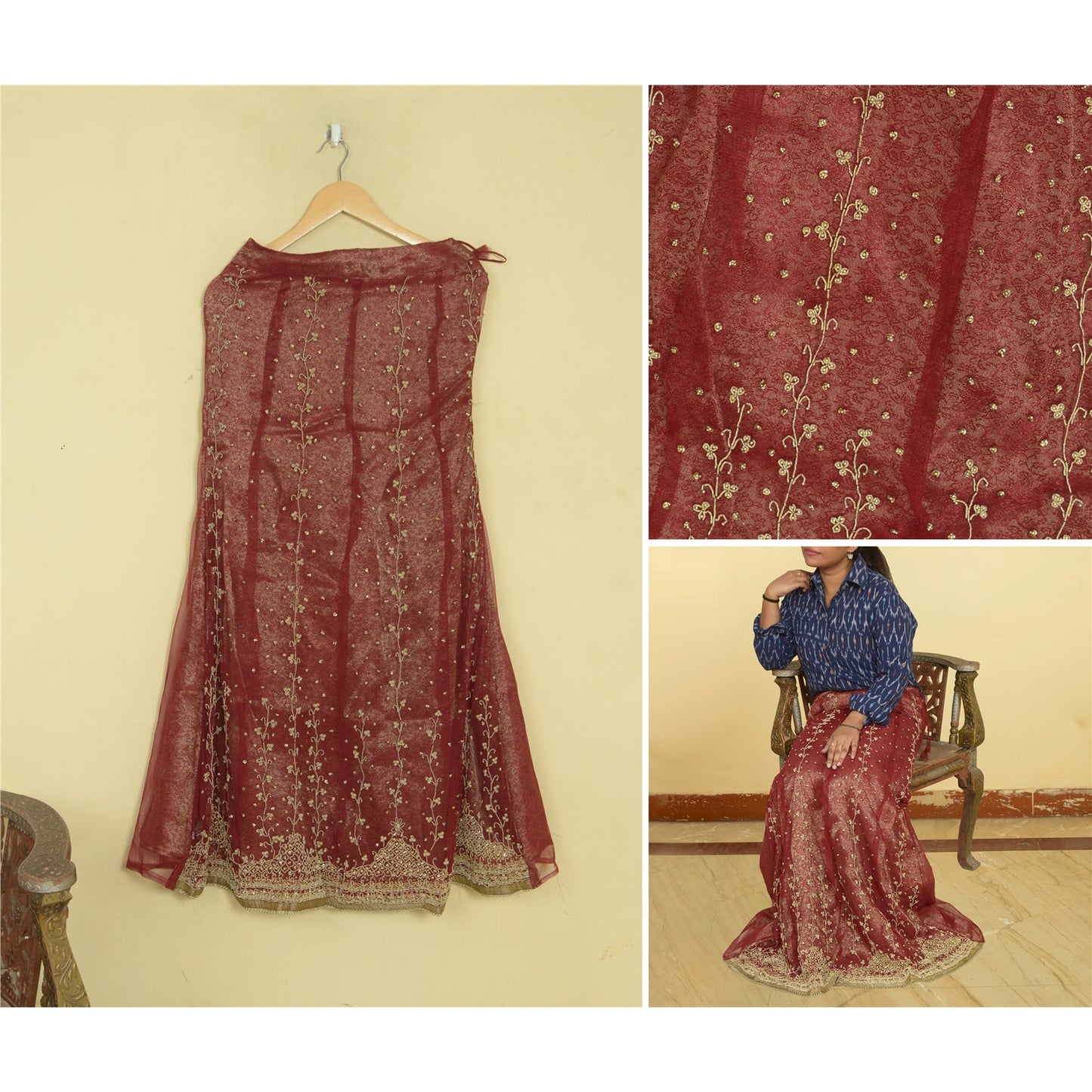 Sanskriti Vintage Red Net Stitched Lehenga Hand Embroidery Dabka Beaded Bridal