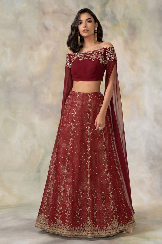 Sanskriti Vintage Red Net Stitched Lehenga Hand Embroidery Dabka Beaded Bridal