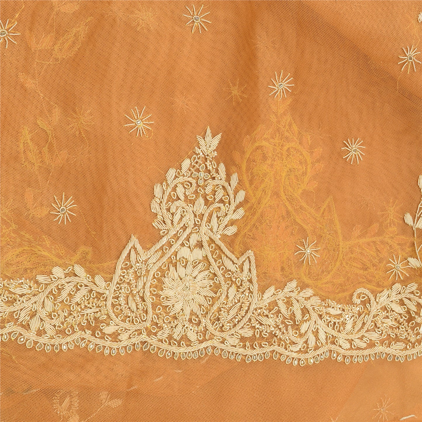 Sanskriti Vintage Orange Net Unstitched Indian Lehenga Hand Embroidered Zardozi