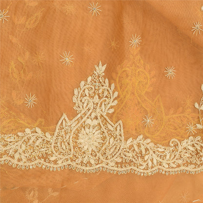 Sanskriti Vintage Orange Net Unstitched Indian Lehenga Hand Embroidered Zardozi