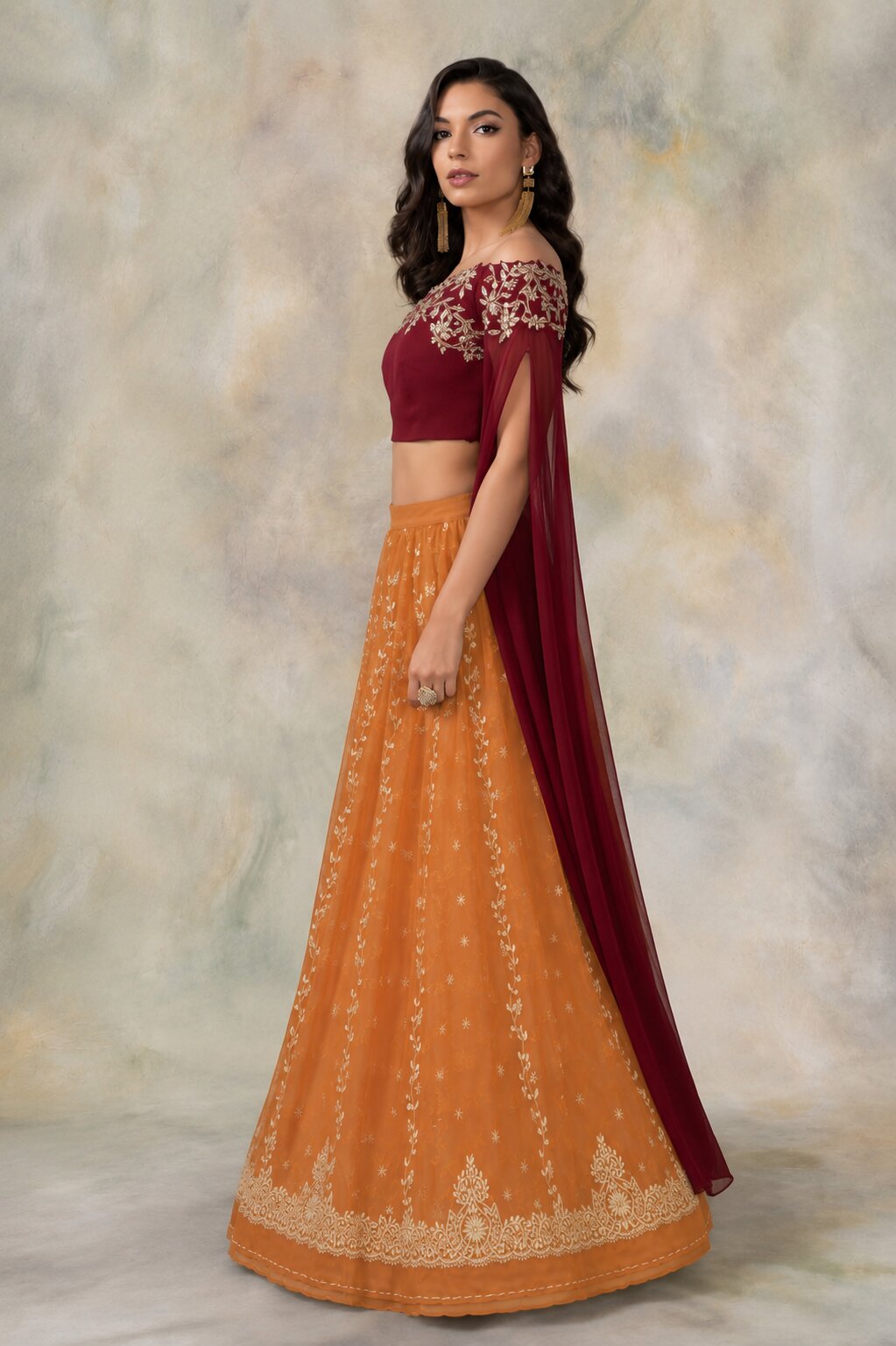 Sanskriti Vintage Orange Net Unstitched Indian Lehenga Hand Embroidered Zardozi