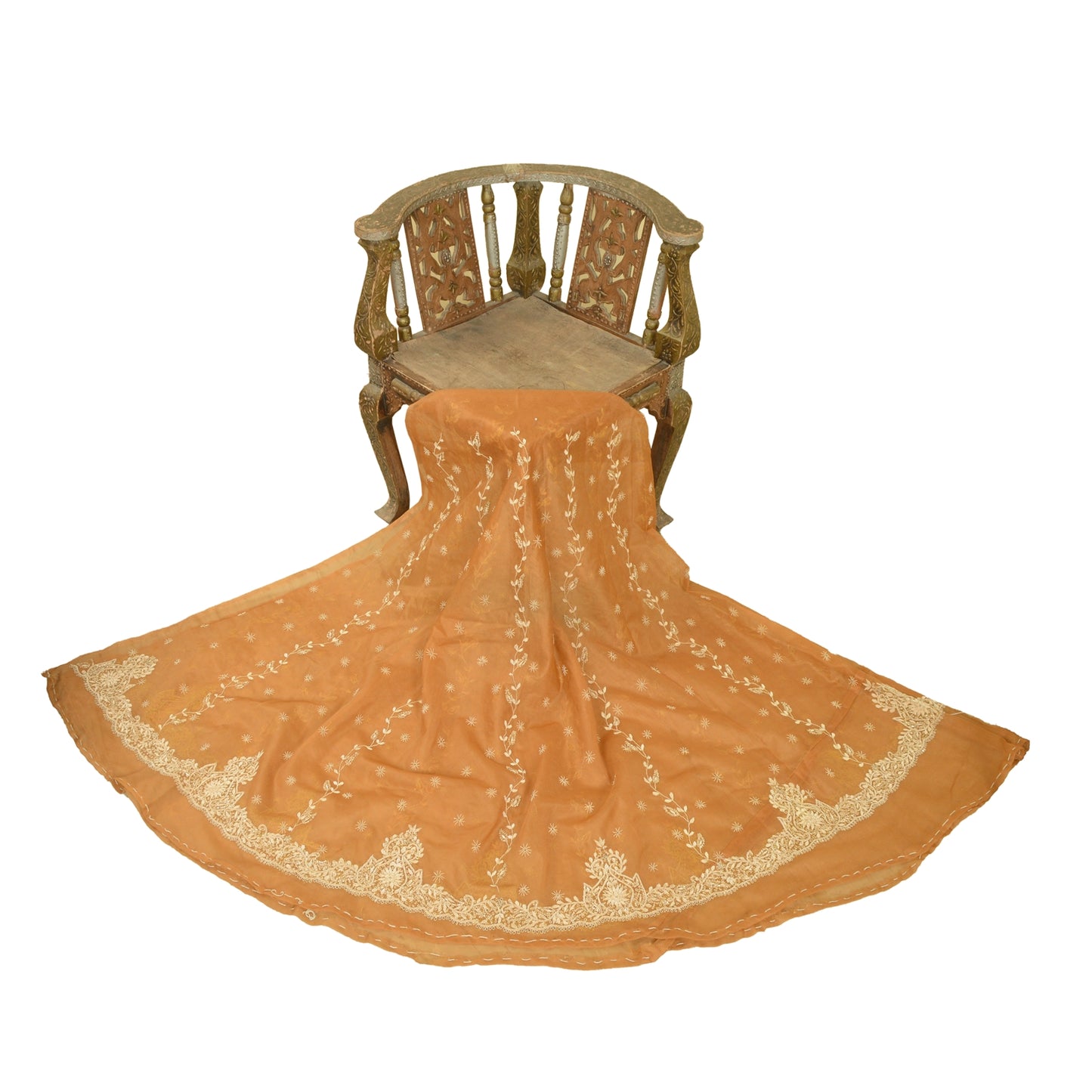 Sanskriti Vintage Orange Net Unstitched Indian Lehenga Hand Embroidered Zardozi