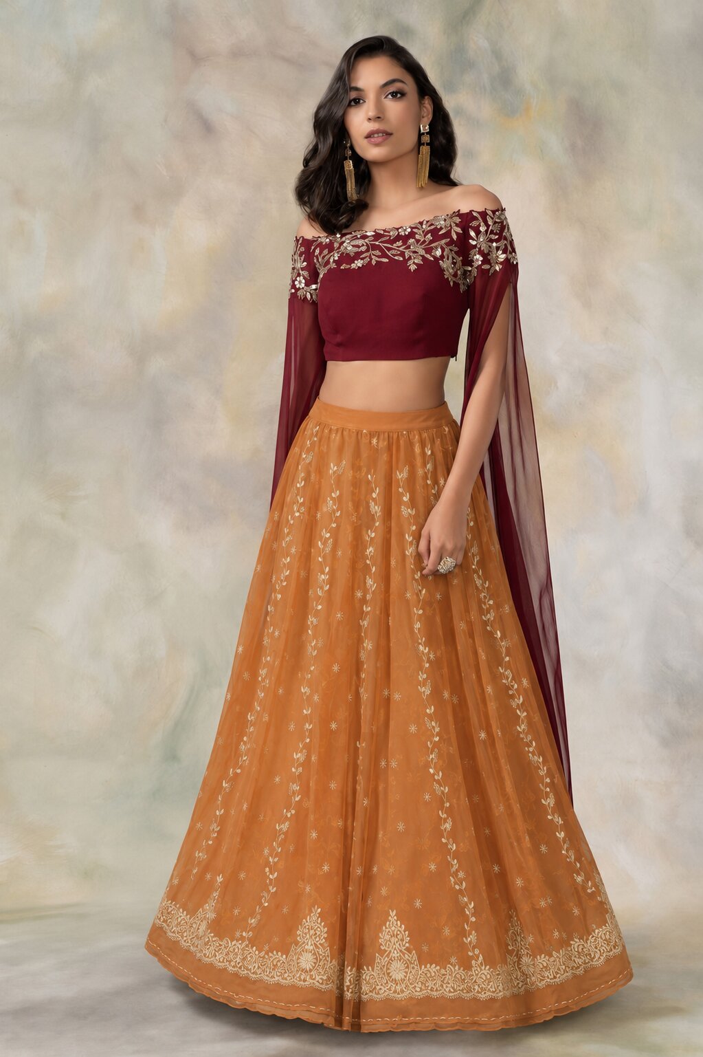 Sanskriti Vintage Orange Net Unstitched Indian Lehenga Hand Embroidered Zardozi