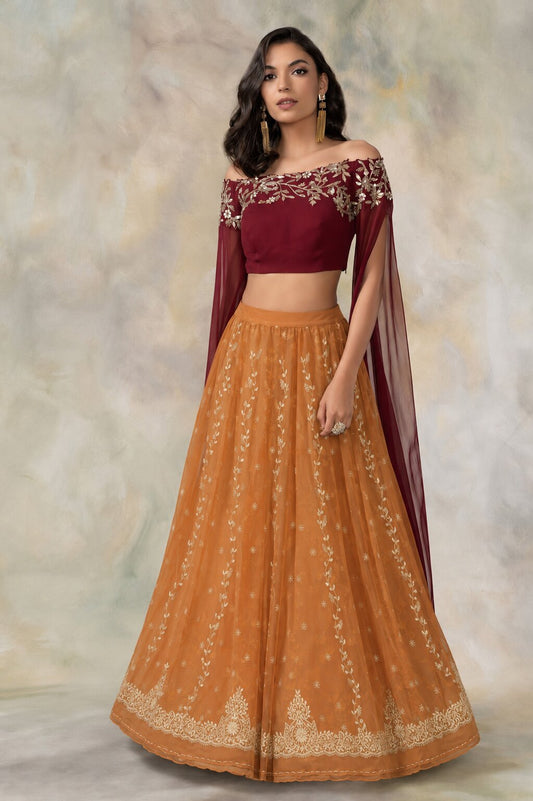 Sanskriti Vintage Orange Net Unstitched Indian Lehenga Hand Embroidered Zardozi