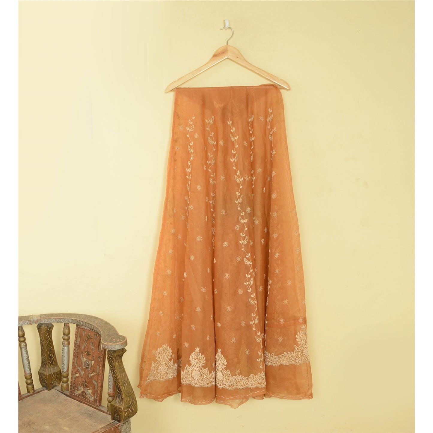 Sanskriti Vintage Orange Net Unstitched Indian Lehenga Hand Embroidered Zardozi