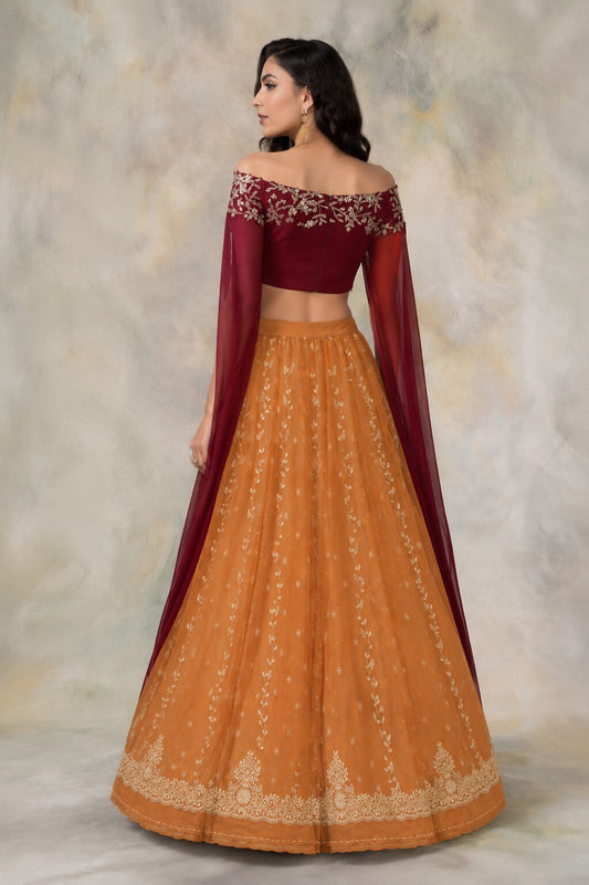 Sanskriti Vintage Orange Net Unstitched Indian Lehenga Hand Embroidered Zardozi
