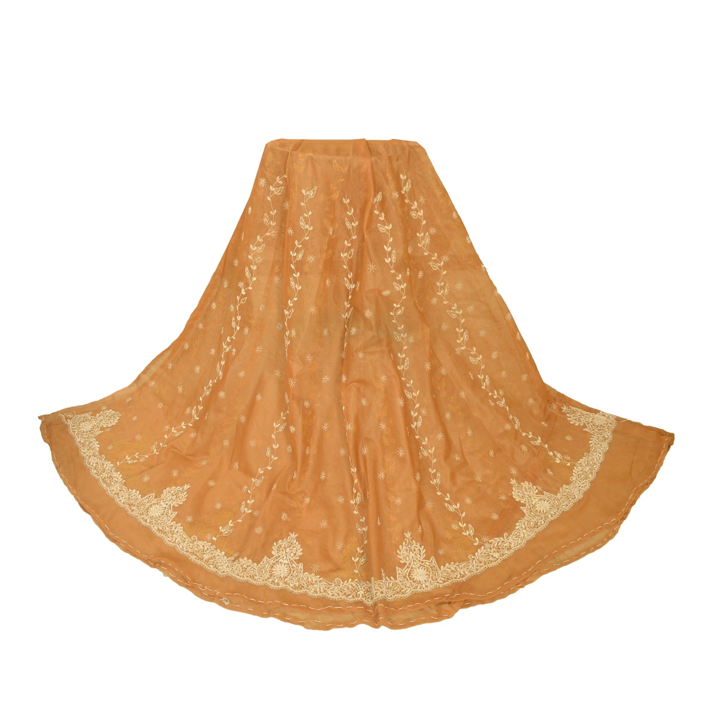 Sanskriti Vintage Orange Net Unstitched Indian Lehenga Hand Embroidered Zardozi