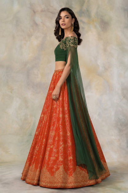 Sanskriti Vintage Orange Pure Silk Unstitched Lehenga Hand Embroidered Zardozi