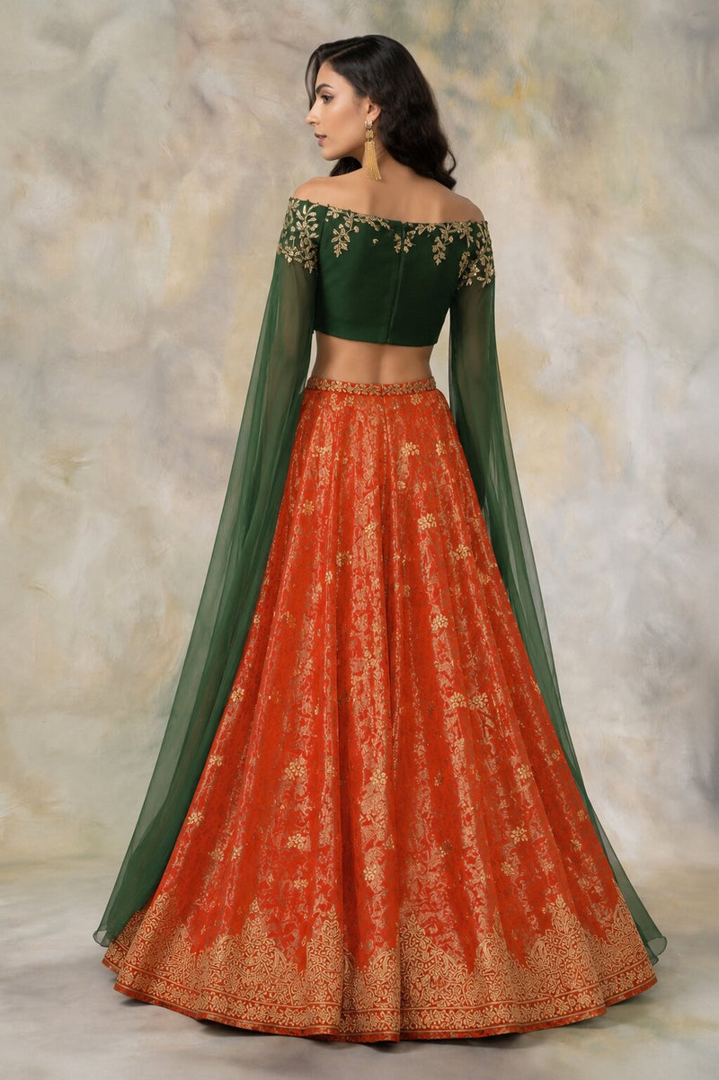 Sanskriti Vintage Orange Pure Silk Unstitched Lehenga Hand Embroidered Zardozi