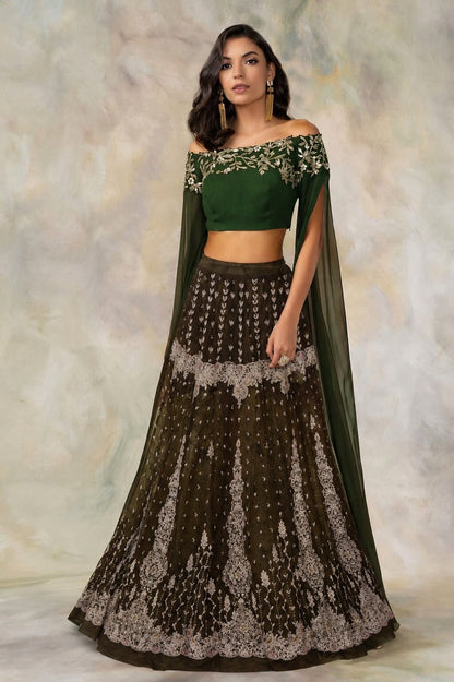 Sanskriti Vintage Brown Net Unstitched Lehenga Wedding Hand Embroidered Zardozi