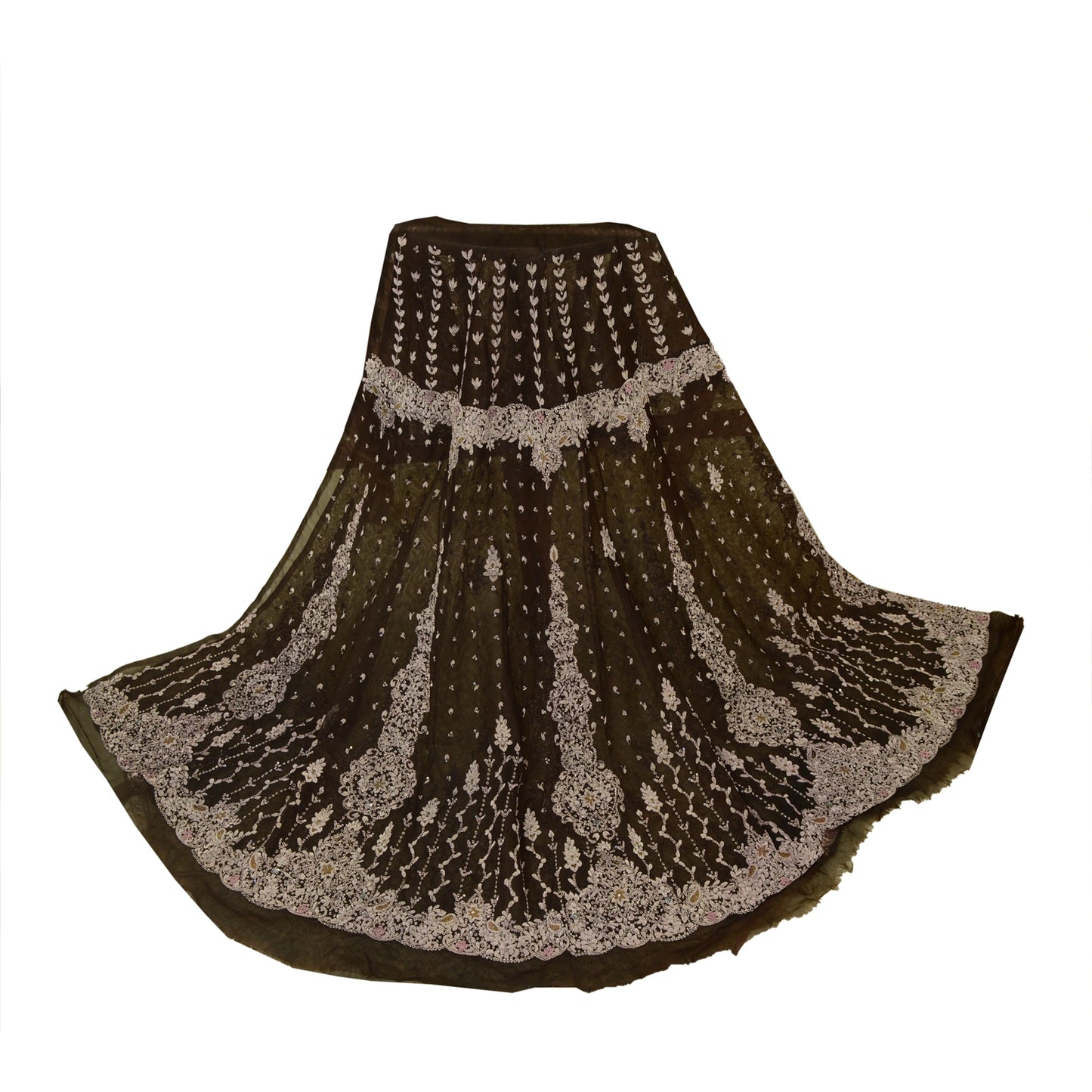 Sanskriti Vintage Brown Net Unstitched Lehenga Wedding Hand Embroidered Zardozi