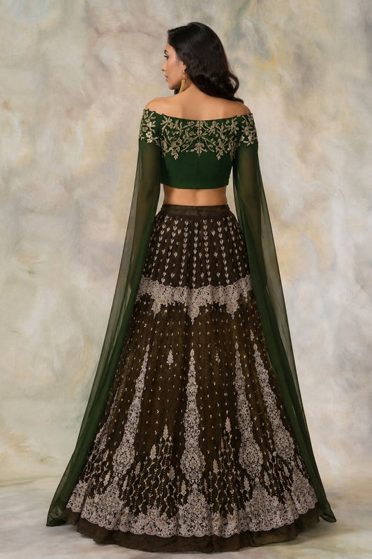 Sanskriti Vintage Brown Net Unstitched Lehenga Wedding Hand Embroidered Zardozi