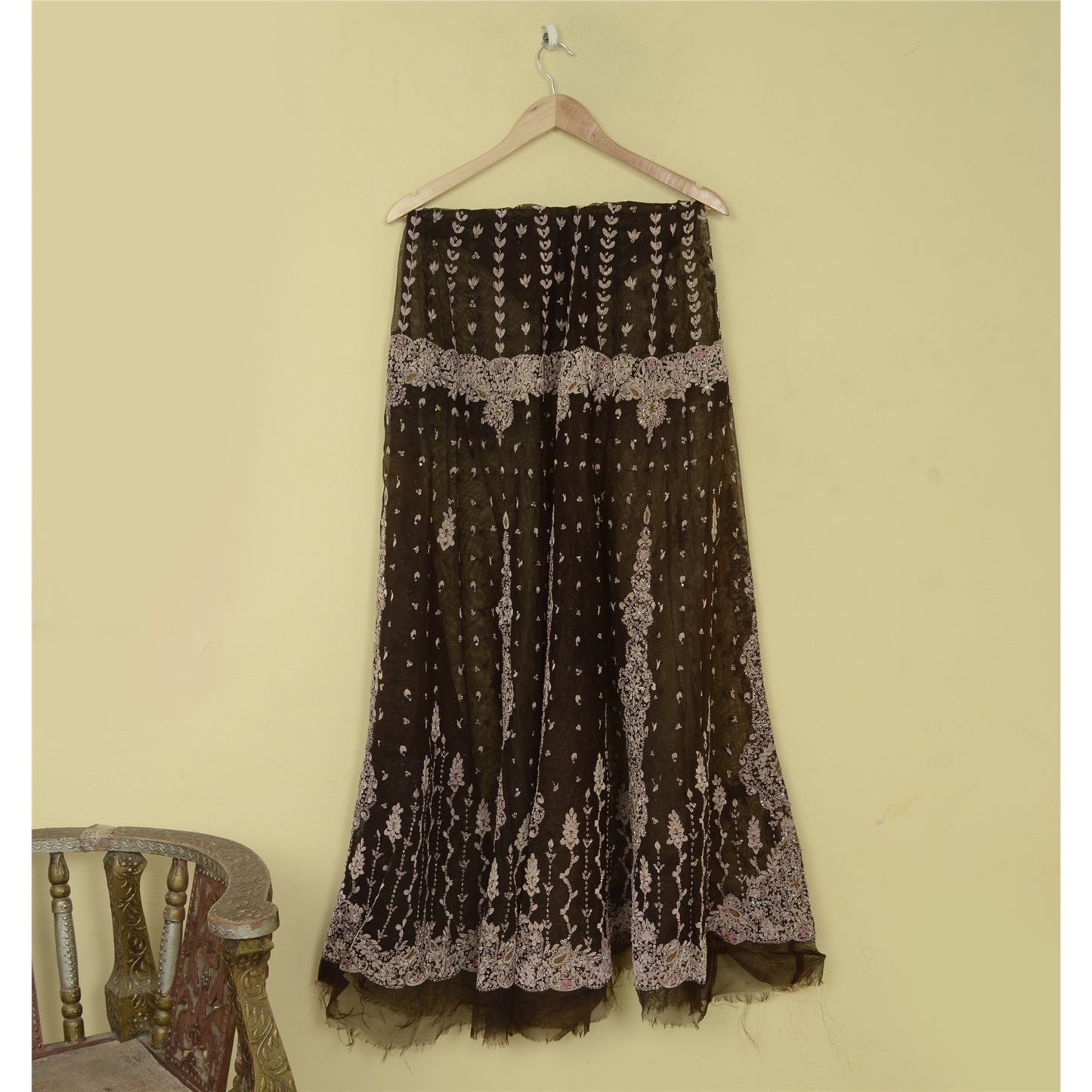 Sanskriti Vintage Brown Net Unstitched Lehenga Wedding Hand Embroidered Zardozi