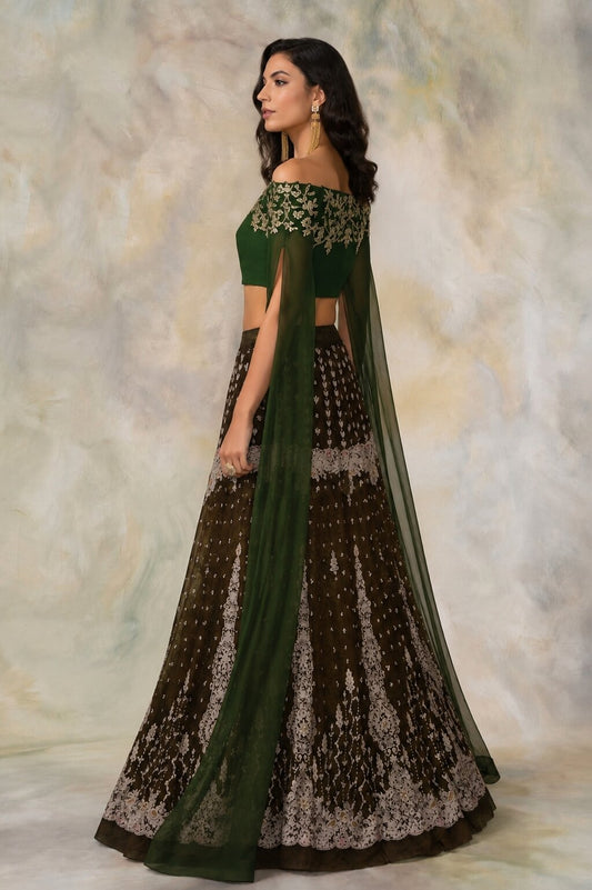 Sanskriti Vintage Brown Net Unstitched Lehenga Wedding Hand Embroidered Zardozi