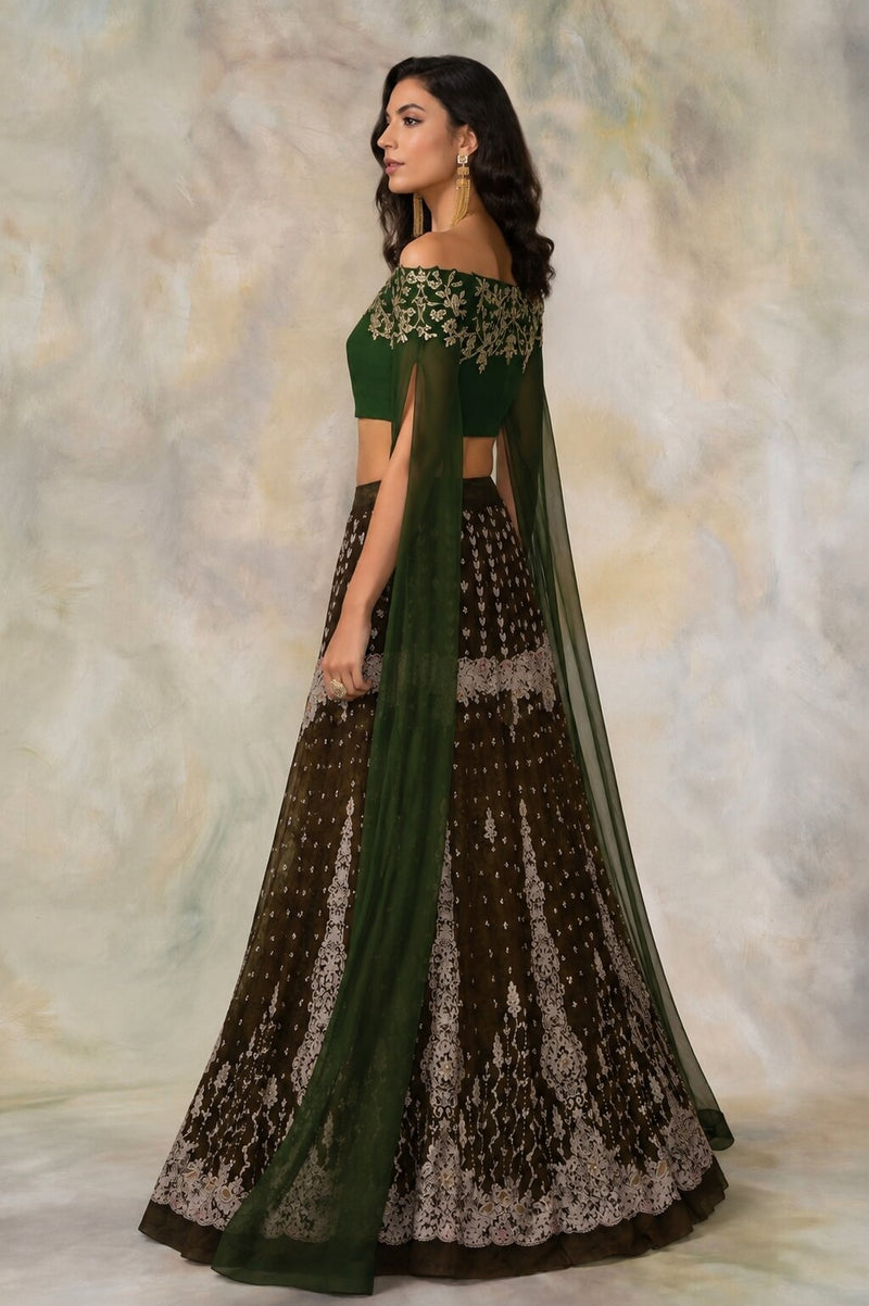Sanskriti Vintage Brown Net Unstitched Lehenga Wedding Hand Embroidered Zardozi