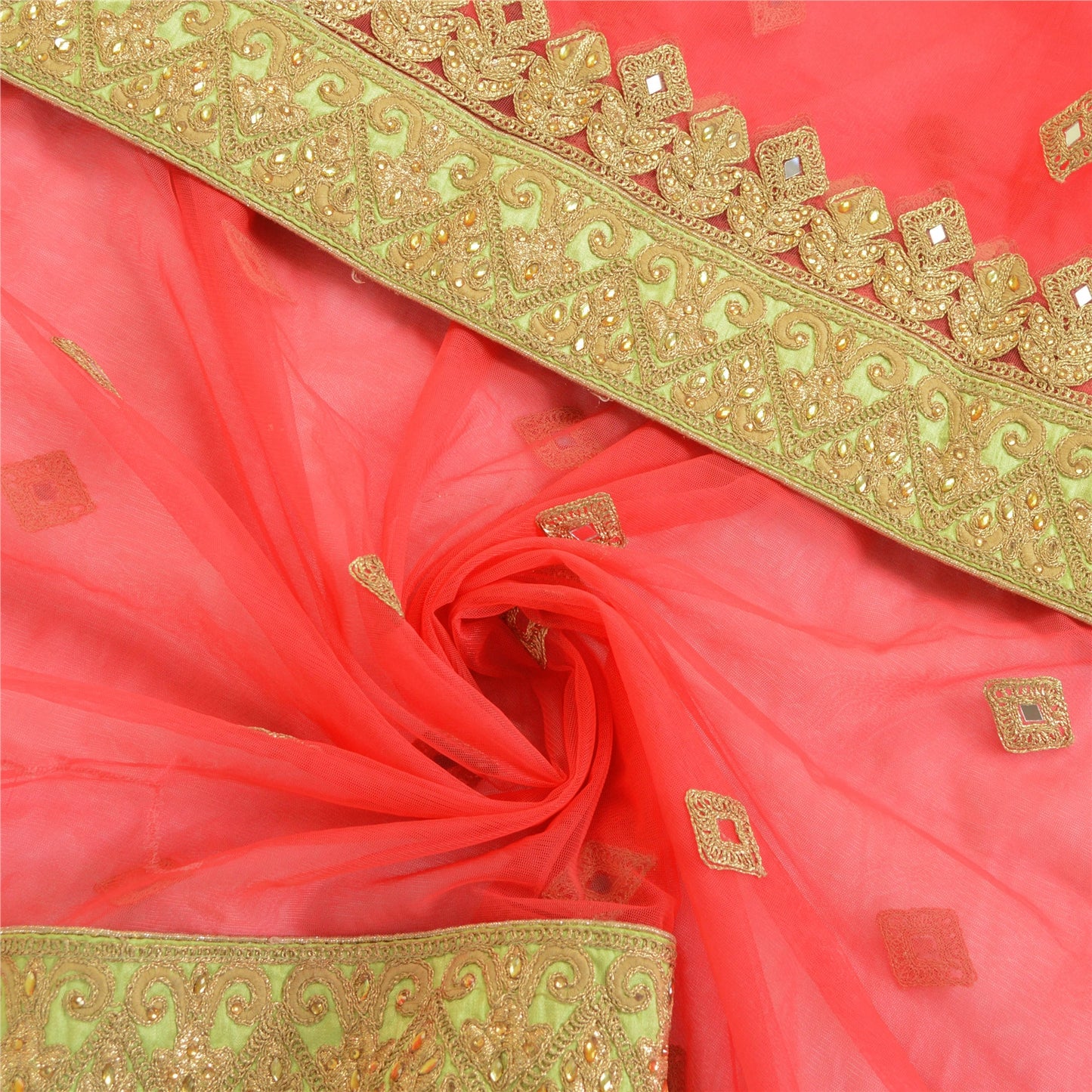 Sanskriti Vintage Green Net Stitched Lehenga Dupatta Set Hand Embroidered Mirror