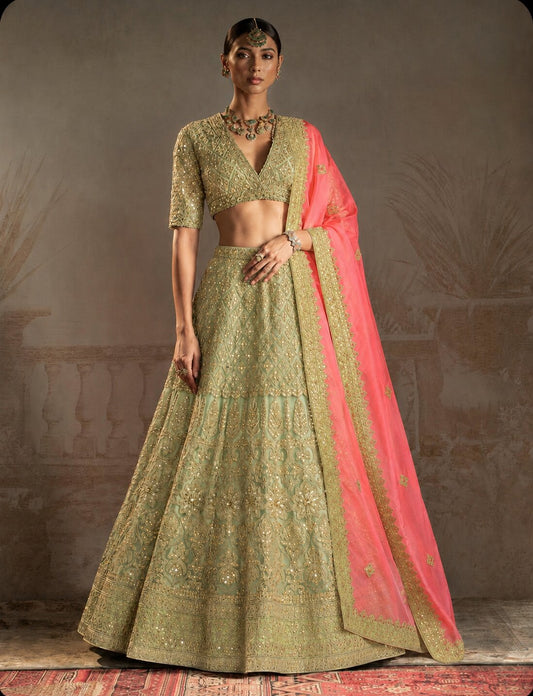Sanskriti Vintage Green Net Stitched Lehenga Dupatta Set Hand Embroidered Mirror