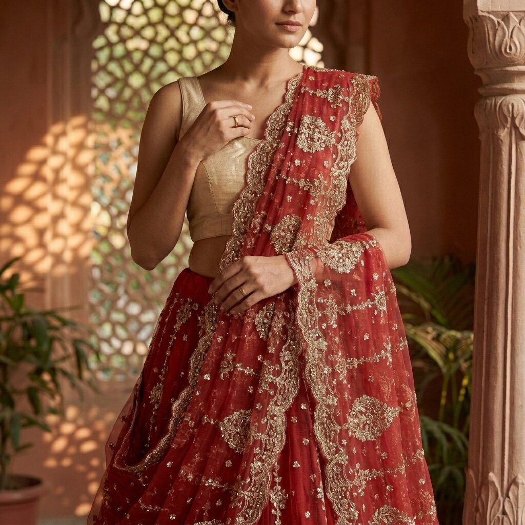 Sanskriti New Red Net Unstitched Lehenga Indian Wedding Hand Embroidered Zardozi