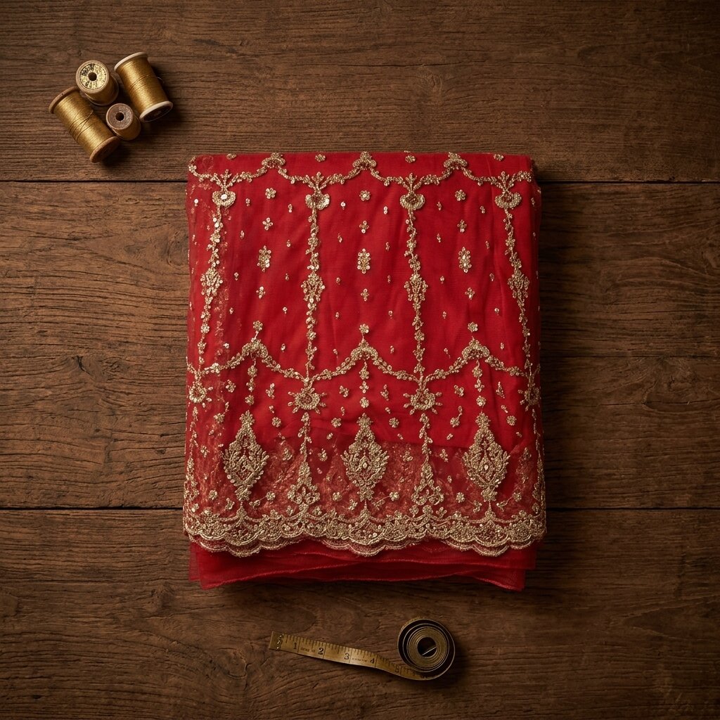 Sanskriti New Red Net Unstitched Lehenga Indian Wedding Hand Embroidered Zardozi