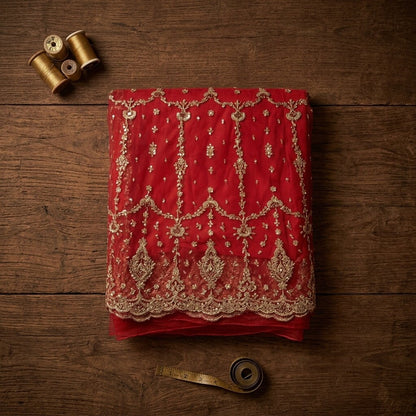 Sanskriti New Red Net Unstitched Lehenga Indian Wedding Hand Embroidered Zardozi