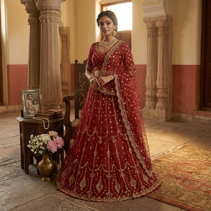 Sanskriti New Red Net Unstitched Lehenga Indian Wedding Hand Embroidered Zardozi