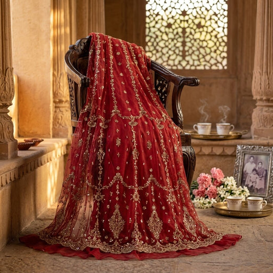 Sanskriti New Red Net Unstitched Lehenga Indian Wedding Hand Embroidered Zardozi