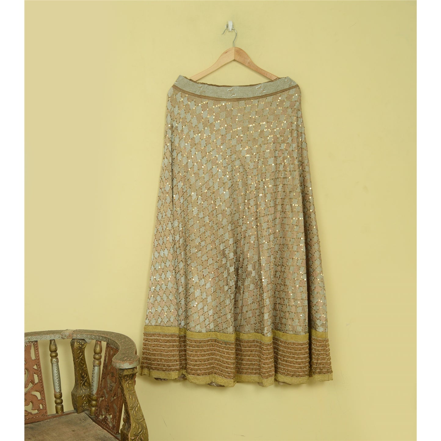 Sanskriti Vintage Golden Stitched Lehenga Indian Hand Embroidered Zardozi Zari